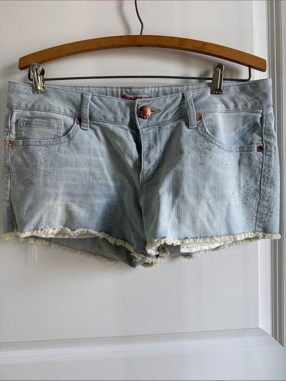 Decree Light Blue Distressed Frayed Hem Denim Shorts with Rhinestones - 11